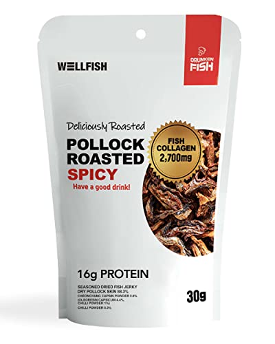 Wellfish Pollock Roasted Fish Snack (Spicy, Pack of 3)- Healthy Korean Protein Chips,