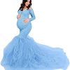 Women Off Shoulder Mermaid Tulle Maternity Dress Long Sleeve Floral Lace Baby Shower
