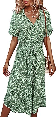 Women's Floral Button Up Split Boho Dress Casual Short Sleeve V Neck Ruffle Tiered