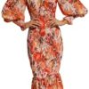 Women's Summer Floral Smocked Bodycon Midi Dresses V Neck Short Puff Sleeve Ruffle