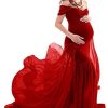 ZIUMUDY Maternity Chiffon Mermaid Gown Off Shoulder Dropped Sleeve Fitted Photo Shoot