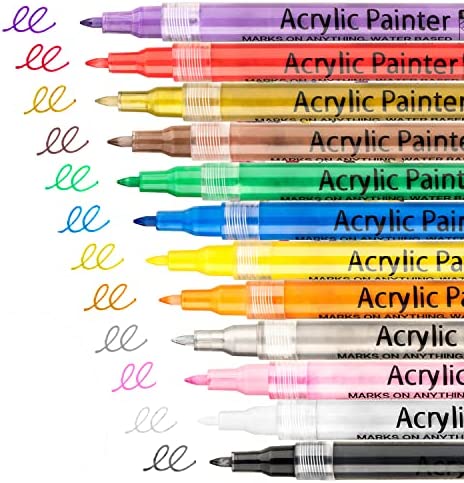 12 Colors Acrylic Paint Pens for Rock Painting, Ceramic, Wood, Glass, Mugs, Canvas,