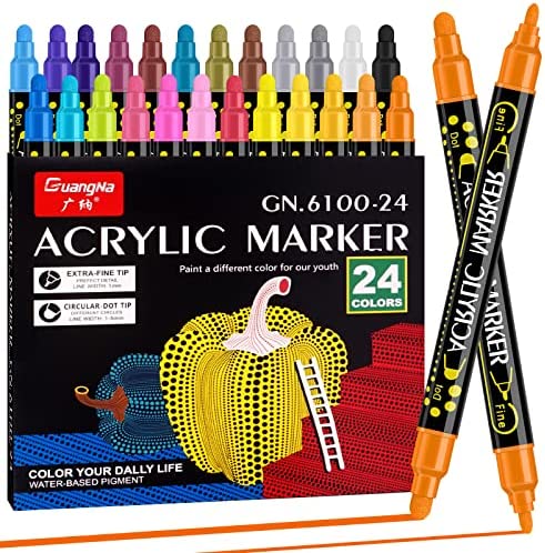 Acrylic Paint Pens, 24 Colors Dual Tip Paint Markers With Extra Fine Tip and Circular