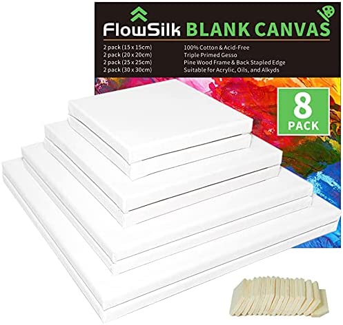Blank Canvase Boards for Painting, 6x6", 8x8", 10x10" 12x12", 8 Pack 100% Cotton