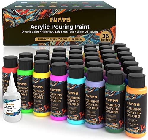 Funto Acrylic Pouring Paint, Set of 36, 2oz Bottles, with Silicone Oil, Assorted