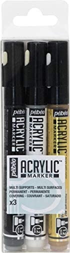 PEBEO Acrylic Set of 3 Markers, 1.2 mm Tips, Black, White, Precious Gold