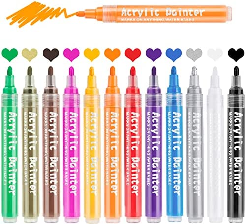 Reoney Acrylic Marker Pens, 12 Colors Quick-Dry Paint Pens (2-3 MM Medium Tip) for