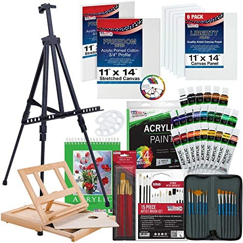 U.S. Art Supply 72-Piece Artist Acrylic Painting Set with Aluminum Field Easel, Wood