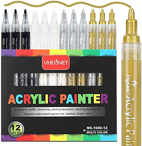 VHEONET Acrylic Paint Pens, 12 Pack (3 Black 3 White 3 Gold 3 Silver) 3mm Permanent