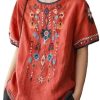 SeekMe Women's Embroidered Blouse Cotton Linen Short Sleeve Peasant Boho Mexican