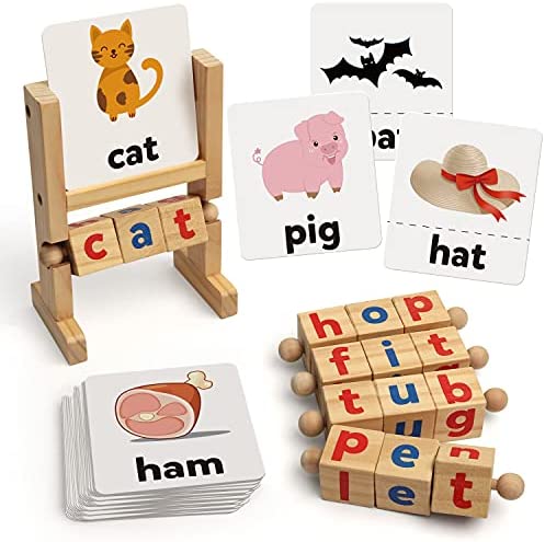 Coogam Wooden Reading Blocks Short Vowel Rods Spelling Games, Flash Cards Turning