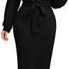 Verdusa Women's Plus Size V Neck Lantern Sleeve Midi Belted Bodycon Dress