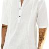 JMIERR Men's Cotton Linen Texture Henley Shirt Casual Hippie Short Sleeve Beach T