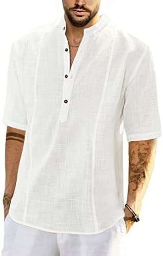 JMIERR Men's Cotton Linen Texture Henley Shirt Casual Hippie Short Sleeve Beach T