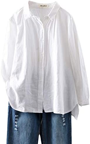 Minibee Women's Cotton Tunic Tops Button Closure Blouse with Hi-Low Hem