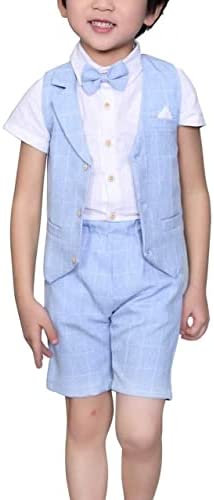 4Pcs Kids Boy’s Suits Gentleman Summer Outfit Vest, Short Sleeve Shirt, Bowtie Pants