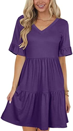 Berryou Dress for Women Short Sleeve Ruffle T-Shirt V Neck Casual Flowy Dresses with