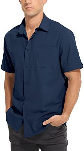 TUREFACE Mens Shirts Casual Cotton Button Down Short Sleeve Chambray Linen Shirt