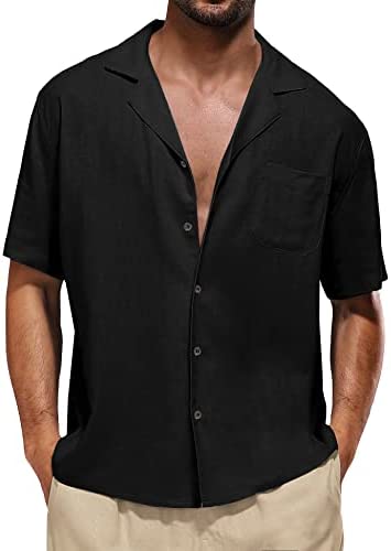 LecGee Men's Cotton Linen Shirt Casual Button-Down Short Sleeve Cuban Camp Collar