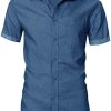 Men's Short Sleeve Button Down Shirts Slim Fit Casual Work Dress Shirts Solid Denim