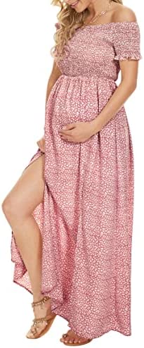 abkylie Floral Print Off Shoulder Maternity Dress/Boho Slit Smocked Maternity Maxi