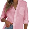 Womens V Neck Button Down Shirt Cotton Linen Long Sleeve Casual Blouse Loose Fit Tops