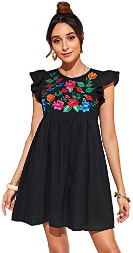 Floerns Women's Summer Floral Embroidery Dress Ruffle Sleeve Round Neck Smock Short