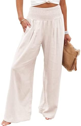 Women Cotton Linen Pants, Casual Wide Leg Palazzo Lounge Pants, Summer Elastic High