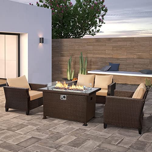 U-MAX 4 Piece Outdoor Wicker Furniture Sofa Set with All Wicker Propane Gas Fire Pit