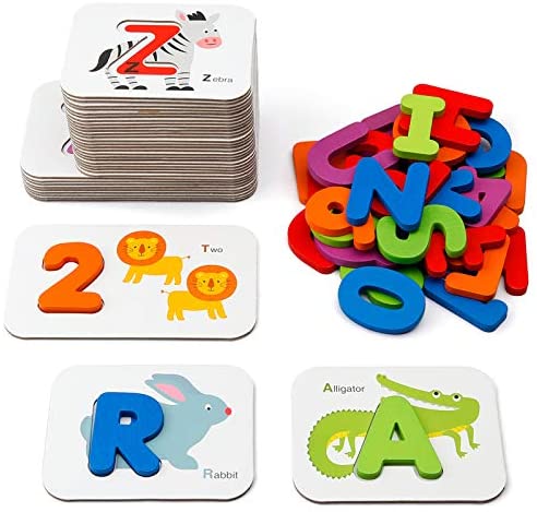 Coogam Numbers and Alphabets Flash Cards Set - ABC Wooden Letters and Numbers Animal