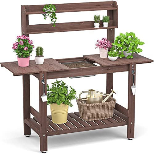 Homykic Potting Bench Table Outdoor, 40 Inch Fir Wood Potting Station with Stainless