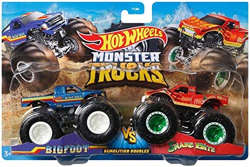 Hot Wheels Monster Trucks Bigfoot Vs Snake Bite, [1:64 Scale] Demolition Doubles