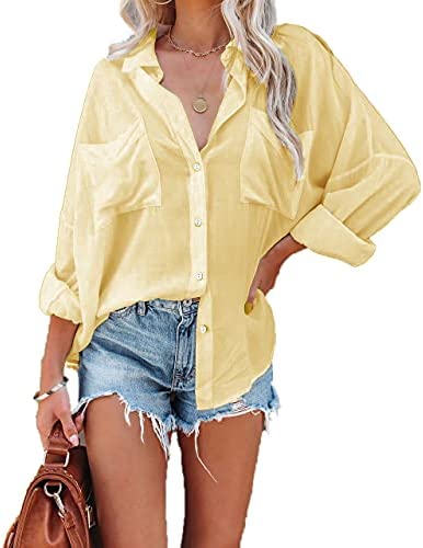 Paintcolors Women's Button Up Shirts Roll-Up Sleeve Blouses V Neck Casual Tunics