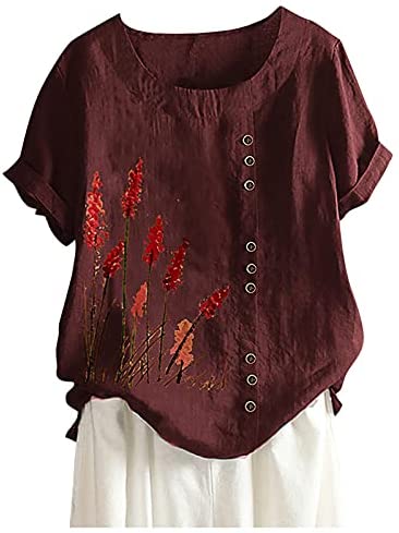 Women Cotton Linen Tshirt Tops Casual Loose Fit Dandelion Print Tees Short Sleeve